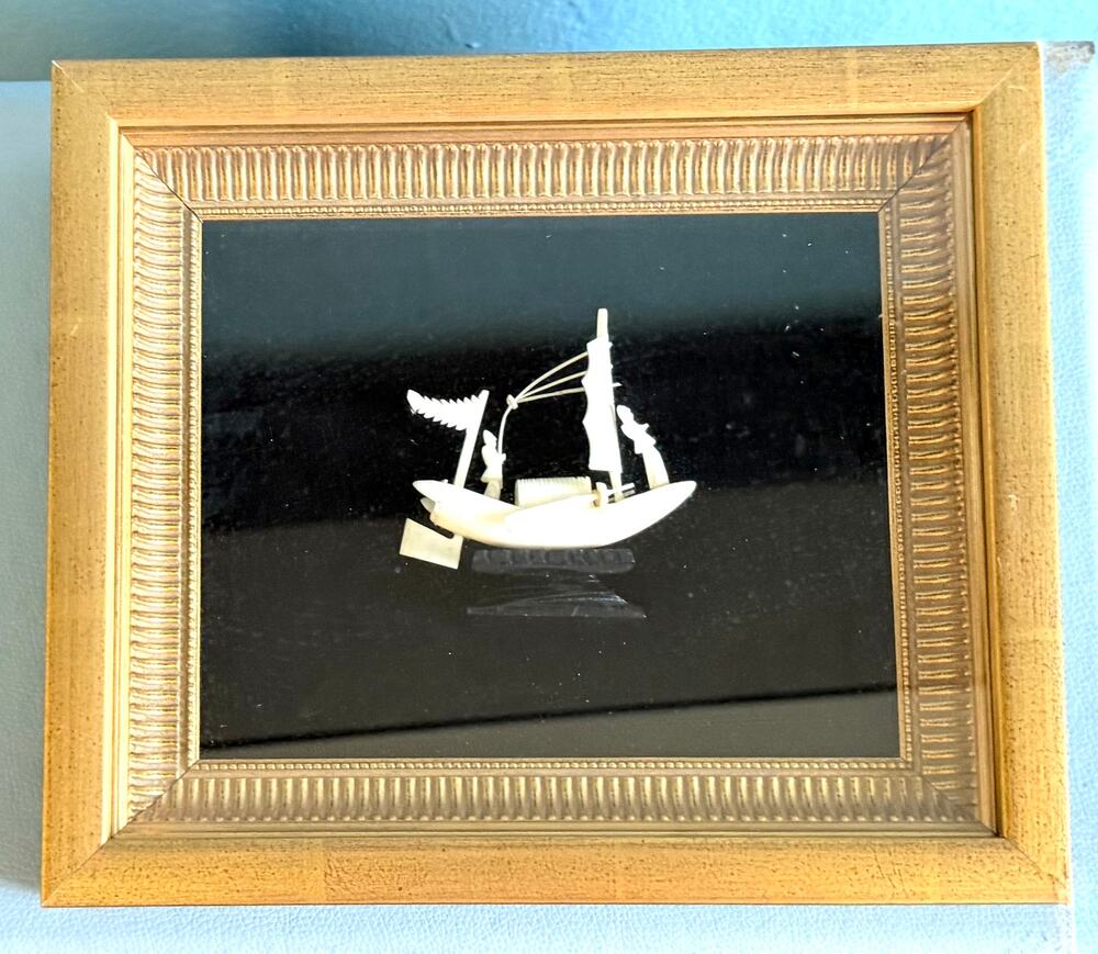 Vintage Mid Century Carved Bone Chinese Junk Ship Shadow Box Miniature Boat